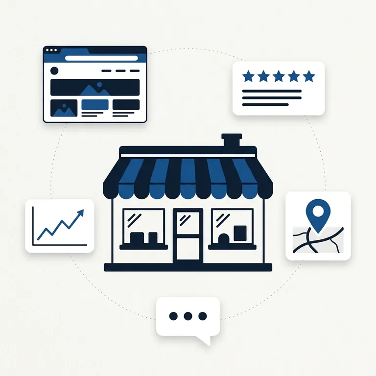 Service business storefront with website, reviews, growth, map, and messages